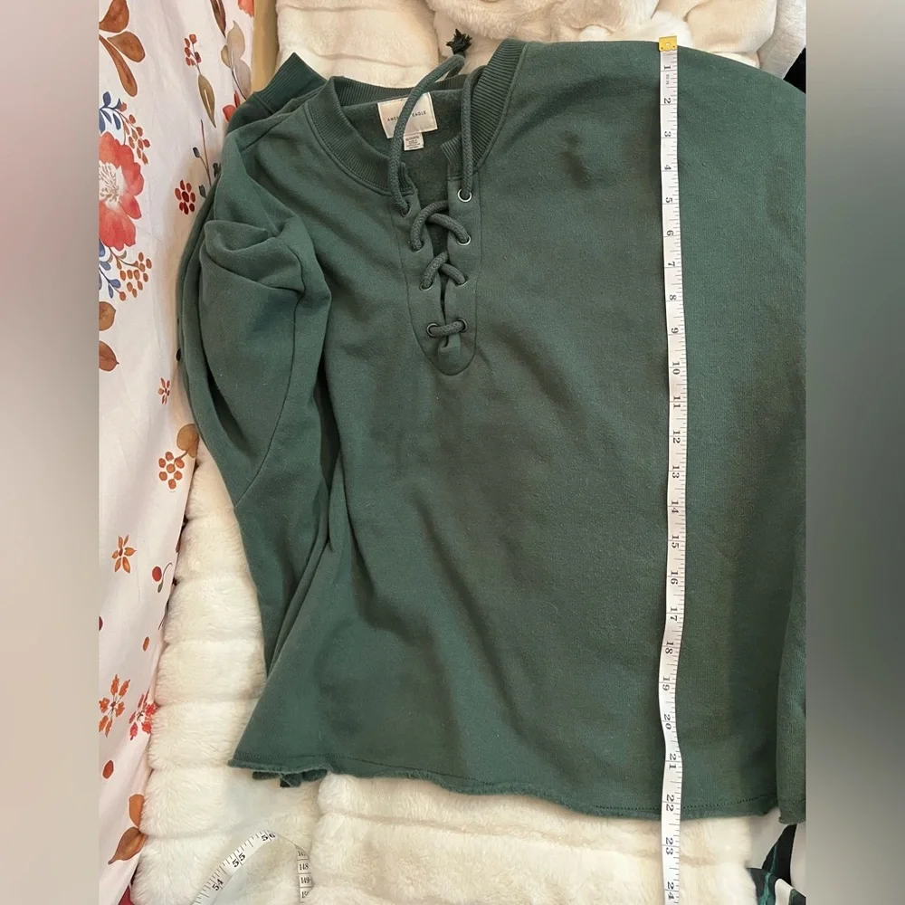 American Eagle Women XL Oversize Dark Hunter Green LaceUp Cozy Travel Sweatshirt - Picture 6 of 8